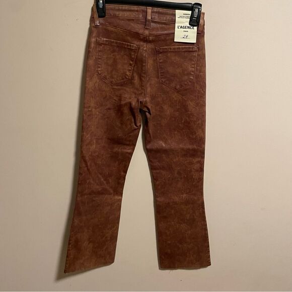 NWT L'AGENCE Kendra High Rise Crop Flared Leg Jeans Java Coated Raw Hem- Size 24 - Picture 7 of 8